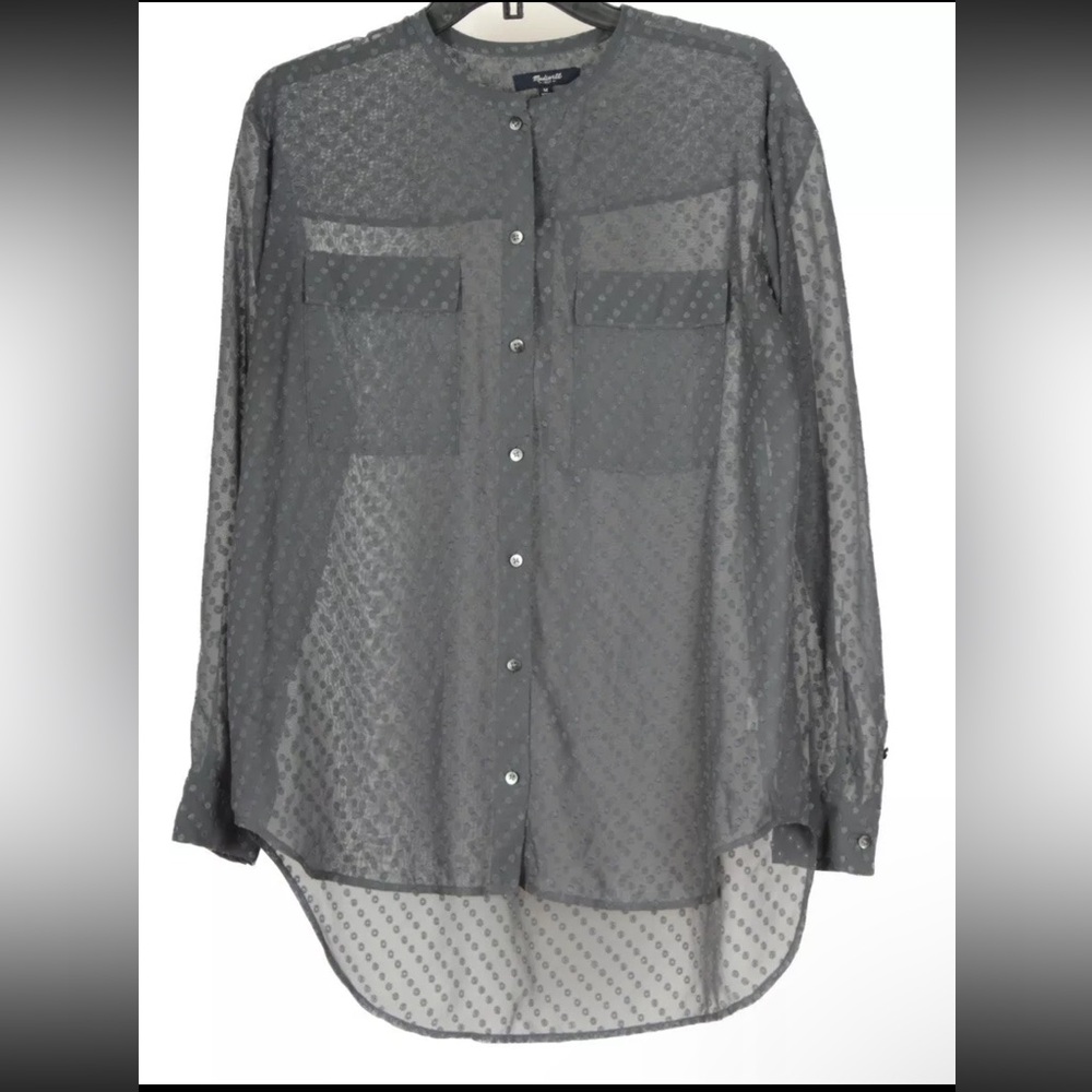 Madewell Women’s Shirt Medium Gray Long Sleeve Pockets Sheer Blouse Button Up